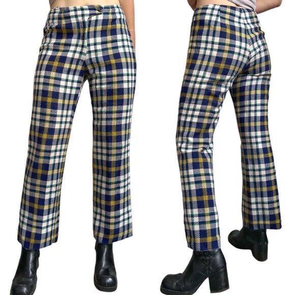 70s vintage plaid print pants acrylic tartan pattern Japan straight leg. - Picture 4 of 8